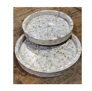 Plateau rond en incrustation de nacre de qualité supérieure et ensemble assorti pour collations et boissons et affichage décoratif d'Inde - Product Image 4