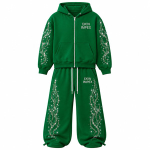 Sweat à capuche zippé intégral et pantalon de jogging ample à jambe large pour hommes et femmes, 100% coton premium, vert forêt, avec motif étoile et flamme en strass cristal - Product Image 3