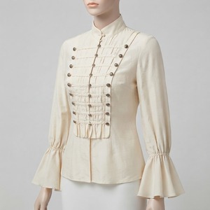 Women Vintage Stand Collar Velvet Blouse <b>Long</b> Bell <b>Sleeve</b> Ruched Button Front <b>Sheer</b> Layer <b>Top</b> - Product Image 2