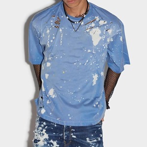 Camiseta Oversize con Salpicaduras de Pintura Azul para Hombre, Manga Corta, Estilo Urbano, Cuello Redondo, Algodón Jersey, con Patrón y Aspecto Desgastado - Product Image 5