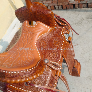 Selle de course de baril pour chevaux, nouveau style premium |   Cuir entièrement sculpté à la main avec motifs floraux |   Équitation professionnelle haute performance - Product Image 3