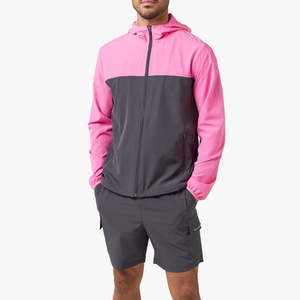 Men' <b>Pink</b> Gray Color Block Hooded Windbreaker Jacket With Side Pockets Quick Dry Sporty <b>Tracksuit</b> Set Spring Lightweight - Product Image 1