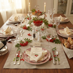 Wholesale Customized Vintage Natural Linen <b>Table</b> <b>Runners</b> Embroidered Rowanberry Washable Durable for Wedding Restaurant Events - Product Image 4