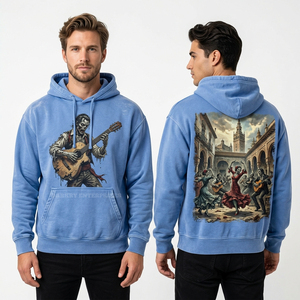 Sweat à capuche personnalisé bleu ardoise pour homme, style vintage, imprimé graphique squelette tribal, coupe oversize, effet vieilli, streetwear, en molleton - Product Image 6