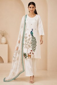 Salwar Kameez Blanco Bordado para Mujer, Corte Holgado, Largo hasta el Tobillo, Algodón, Estilo Tradicional Informal de India y Pakistán, para Todas las Temporadas - Product Image 3