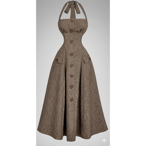 กระโปรงทรงนาฬิกาทรายแบบมีจีบเอว คอเสื้อแบบผูกเชือก ความยาวระดับกลาง พร้อมกระเป๋าข้างแบบฝาปิดสองช่อง - Product Image 1