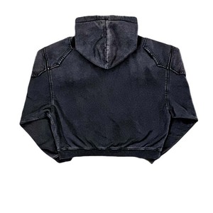 Men's Oversized Cropped Denim <b>Hoodie</b> With Left Sleeve Logo <b>Zip</b> Front <b>Pocket</b> Casual Washed Style - Product Image 2