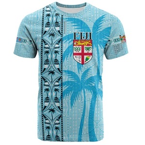Nouveau T-shirt à manches courtes pour homme 100 % polyester, motif palmier bleu, emblème national des Fidji, col rond, coupe classique, design imprimé décontracté - Product Image 1