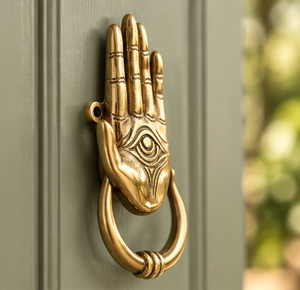 Timbre de puerta Mystic Eye en tono bronce dorado con símbolo de palma grabado y anillo circular para entradas distintivas - Product Image 2