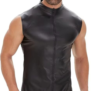 Débardeur en similicuir pour homme, finition mate douce, grande taille, gilet brillant pour homme, noir - Product Image 1