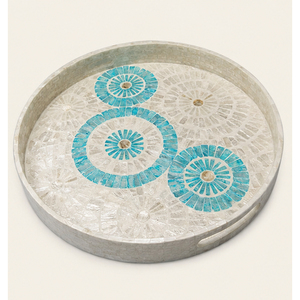 Plateau de service rond artisanal en nacre incrustée, plateau centre de table en mosaïque de coquillages avec poignées pour table basse - Vente en gros - Product Image 3