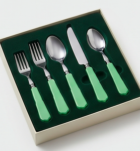 Juego de 5 cubiertos de acero inoxidable con mango de Color verde, cuchara, cuchillo, tenedor, utilizado en la mesa de la cocina, acabado plateado - Product Image 6