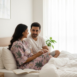 ชุดกิโมโนผ้าฝ้ายพิมพ์ลายป่าสีชมพูแปลกตาสำหรับผู้หญิง คอวี แขนยาว ความยาวเต็มตัว มีเชือกผูกเอว ชุดนอนลายทรอปิคอล - Product Image 4