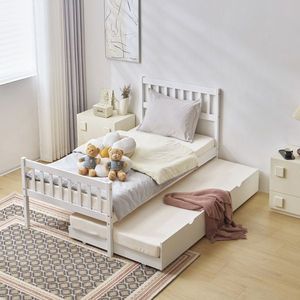 Letto a soppalco singolo in legno bianco per bambini, in truciolato di pino, con spazio contenitore - Product Image 1
