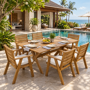 Juego de Mesa de Comedor de Madera para Exteriores, Muebles de Jardín, Mesa Rectangular y Sillas para Comer Junto a la Piscina - Product Image 1