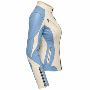 Veste de moto en cuir véritable pour femme, bicolore bleu ciel et ivoire, col mandarin, fermeture éclair diagonale, style motard/racer - Product Image 3