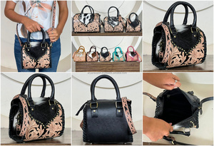 Wholesale Genuine <b>Leather</b> <b>Tooled</b> Western Speedy Bag Cowhide <b>Leather</b> Floral Handcrafted Lady Shoulder Multipurpose Speedy Handbag - Product Image 3