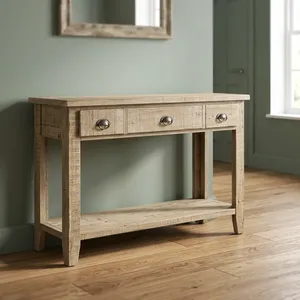 Console moderne en bois massif à 3 tiroirs avec étagère inférieure ouverte et finition naturelle écologique pour salon - Product Image 1