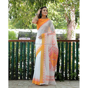 Ropa de fiesta amarilla y roja Saree de impresión digital de lino - Product Image 1