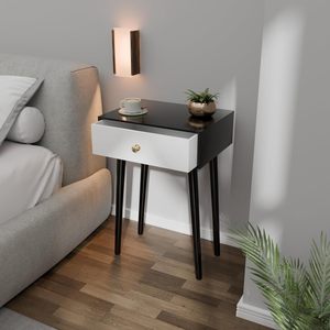 Mesita de noche moderna con patas de madera maciza, mesa auxiliar minimalista y práctica con cajón de almacenamiento, fácil montaje - Product Image 3