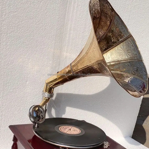 Gramfônico vintage decorativo para casa, peça de exibição, toca-discos com base de madeira, buzina de latão, toca-discos vintage personalizado para venda