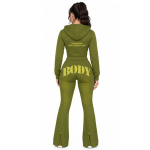Conjunto Deportivo con Capucha para Mujer, Color Verde Oliva, Marca Yourbrand, Manga Larga, Cierre Frontal con Cremallera, Estampado de Letras, Dobladillo Dividido, Estilo Urbano - Product Image 5