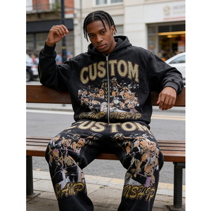 Rhinestones Distressed OEM Custom Print Vintage Digital Printing Black Boxy 400 GSM Heavyweight Men's Hoodie Two-piece Set - Product Image 2