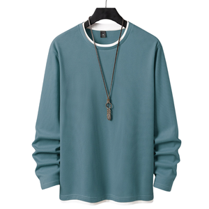 Chemise à manches longues en tricot gaufré pour homme, bleu uni, col rond, pull décontracté, bordure contrastée, doux et confortable, à porter tous les jours, tendance - Product Image 1