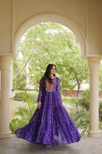 Purple Embroidered Rayon <b>Kurta</b> Gown Floor-Length Loose Fit Traditional <b>Indian</b> Pakistani Women's Wedding Wear All Seasons - Product Image 4