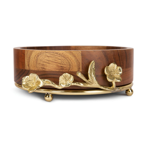 Tazón de madera redondo para servir con elegantes detalles florales de metal dorado y patas de bola, perfecto para decoración del hogar y para servir. - Product Image 4