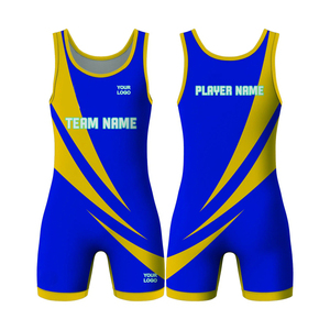 Combinaison de lutte personnalisée pour homme, impression numérique, ajustée, anti-transpiration, polyester 160g, bleu jaune, vêtements de sport de combat pour équipe - Product Image 3