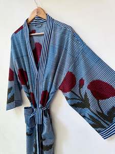 Robe kimono bohème florale en coton à col en V et manches longues, légère et à séchage rapide, pour l'été et le printemps, tenue de détente pleine longueur - Product Image 3