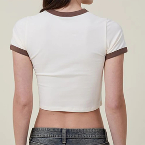 T-shirt court rose pour femme, manches courtes, col rond, tricoté, avec volants, décontracté, tendance printemps-été - Product Image 5