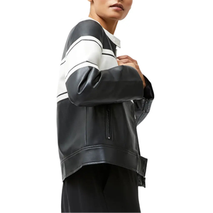 Women's Black and <b>White</b> Color-Block Leather Moto <b>Jacket</b> - Product Image 2