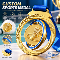 Médaille rotative en alliage de zinc plaqué or, gravée sur mesure, avec logo 3D émaillé, pour badminton et tennis de table, prix d'usine