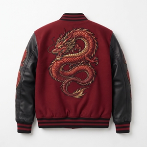 Blouson bomber pour homme avec broderie de dragon rouge, manches en cuir noir, veste de mode streetwear personnalisée - Product Image 5