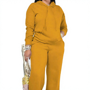 Ensemble de survêtement à capuche couleur moutarde pour femmes grandes tailles, manches longues, couleur unie, sweat-shirt décontracté, pantalon avec poches latérales, vêtements d'automne - Product Image 1