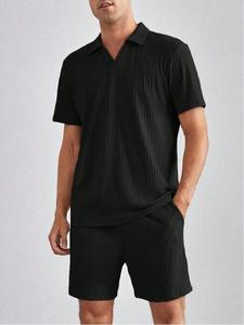 Ensemble Homme Deux Pièces : Short Décontracté Respirant en Tissu Tricoté Texturé et Polo Homme, Ensemble 2 Pièces Pantalon et T-shirt pour Homme - Product Image 2