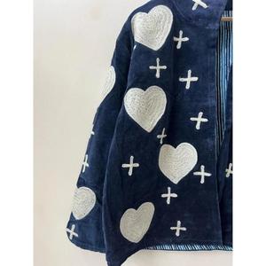 Navy Cotton Knitted Heart Embroidered Handmade Suzani Boho Ethnic Autumn Reversible <b>Jacket</b> Customizable Gift for <b>Women</b> - Product Image 5