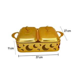 ถาดอุ่นอาหารทรงสี่เหลี่ยมแบบสองชั้นเคลือบทองหรูหรา พร้อมลายพระจันทร์เสี้ยวและฝาแก้ว สำหรับงานบุฟเฟ่ต์ในเดือนรอมฎอน - Product Image 3
