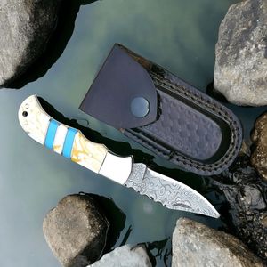 Couteaux de chasse pliants à pointe acérée avec poignée à motif bleu, lame en acier lisse et étui en cuir pour la chasse et le camping - Product Image 3