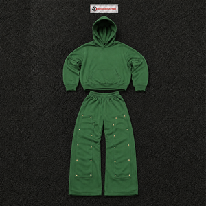 Conjunto Deportivo Verde para Hombre con Capucha, Color Sólido, Corte Holgado Informal, Sudadera y Pantalones Largos de Algodón, Ropa de Otoño, Talla Grande - Product Image 5