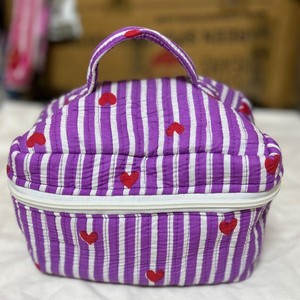 Purple Striped Heart Pattern Cosmetic Box with Zipper and Soft Handle Medium Size Textile Makeup Organizer for Women - Product Image 2