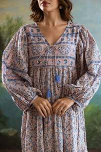 Women Boho Printed Maxi <b>Dress</b> V Neck Lantern Sleeve <b>Loose</b> Fit Breathable <b>Summer</b> Casual Knitted Fabric Eco-Friendly A-Line - Product Image 2