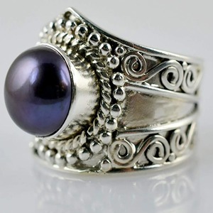 Freshwater Black Pearl <b>Ring</b>, 925 Sterling <b>Silver</b> <b>Statement</b> Promise <b>Ring</b> for Women, Freshwater Pearl Handmade Boho Jewelry, June - Product Image 5