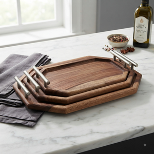 Wooden Serving Trays With Metal Handles Polygon Shape <b>Stackable</b> Design For Kitchen Tableware Food And Drinks Serving Trays - Product Image 5