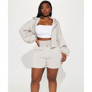 Conjunto de Sudadera Corta y Pantalones Cortos para Mujer, Estilo Desgastado con Lavado Ácido, Corte Holgado, Liso, Tallas Grandes, Algodón Premium, Ropa Urbana - Product Image 2