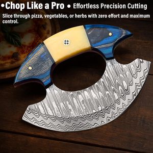 Cuchillo Ulu de Acero de Damasco Hecho a Mano, Cortador de Cocina, Cortador de Pizza, Proveedor OEM, Herramienta Premium para EE. UU. y la UE, Venta al por Mayor, Ambidiestro, con Funda de Cuero - Product Image 4