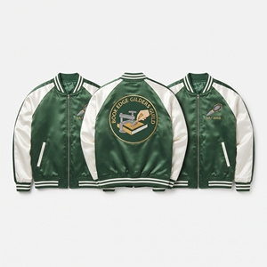 Custom B2B Supplier Green Cream Satin Varsity Jacket Zip Up Custom Embroidered Book Edge Gilders Guild Baseball <b>Coat</b> - Product Image 1