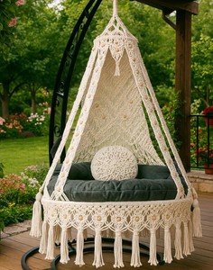 Handmade <b>Macrame</b> Hanging Chair: Boho Outdoor Swing Seat with Cushion,Housewarming Gift - Product Image 2
